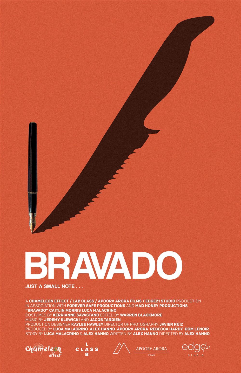 Bravado’s orange poster: a fountain pen casts the shadow of a knife.